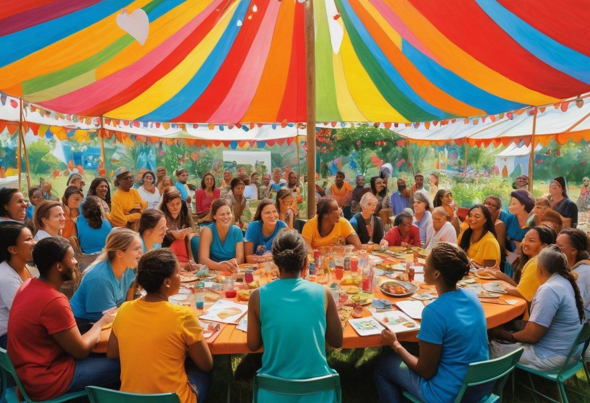 A vibrant scene depicting diverse individuals engaging in storytelling sessions under a colorful tent, surrounded by icons of social change like books, hearts, and handshakes. Include elements representing nonprofit initiatives such as community gardens and supportive volunteers. Capture the essence of hope and collaboration with warm, inviting colors and dynamic expressions. painting. vibrant colors. social impact themes.