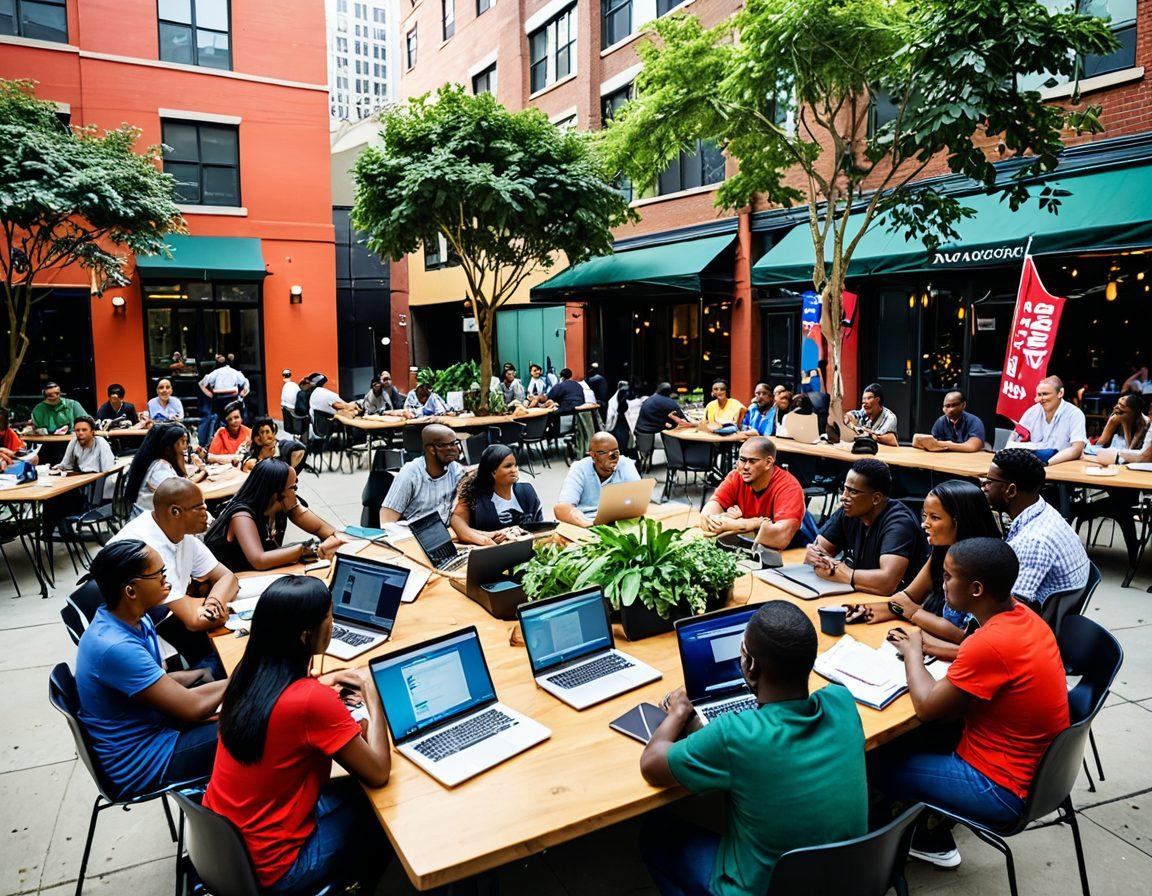 A vibrant community gathering featuring diverse individuals engaged in collaborative discussions around a large table filled with laptops, notebooks, and coffee cups. Bright banners displaying keywords like 'Advocacy' and 'Collaboration' flutter in the background, symbolizing teamwork. The scene is lively with greenery and urban elements, portraying a strong sense of community. super-realistic. vibrant colors. 3D.